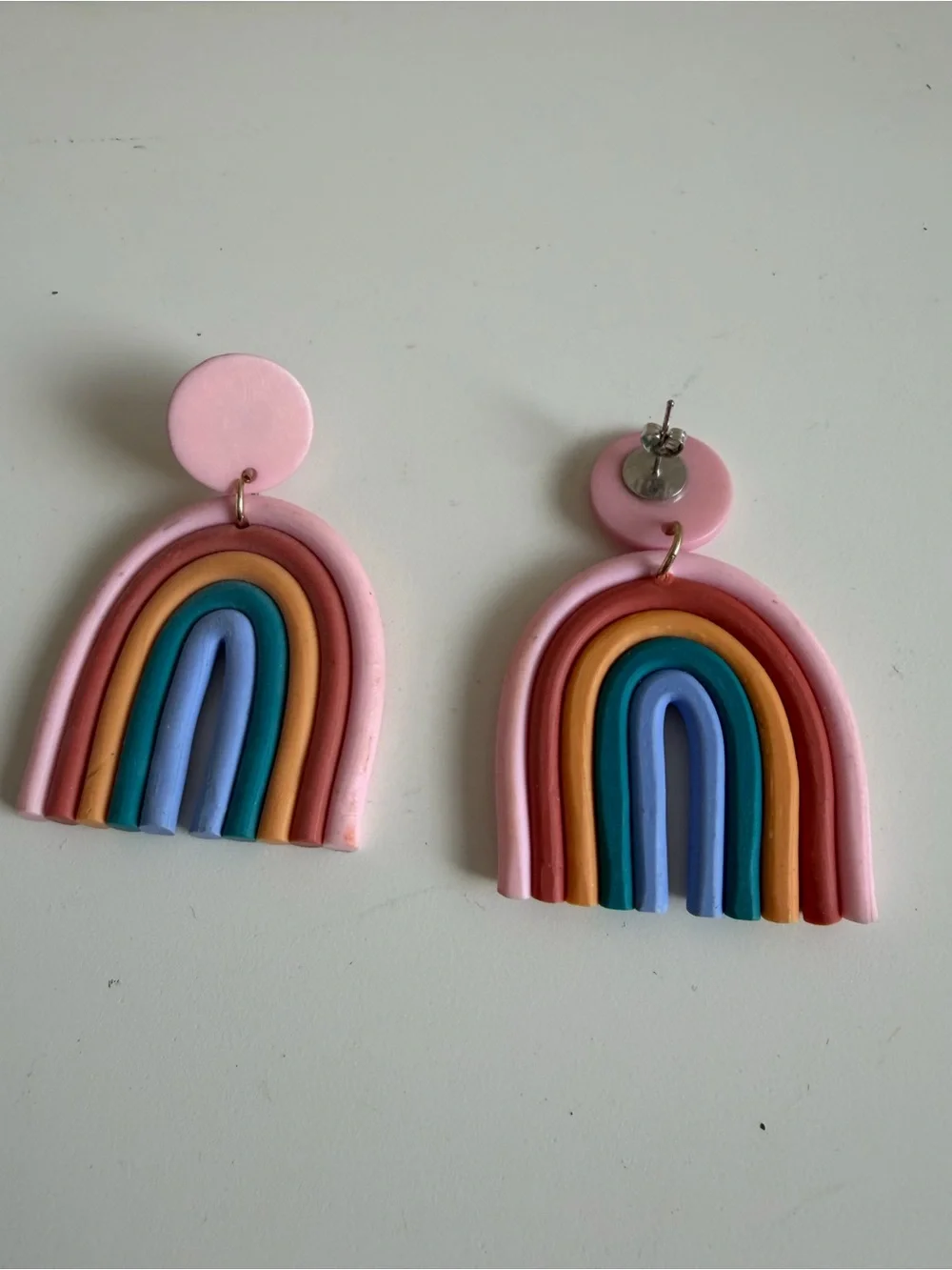 Kids Pink Rainbow Clay Drop Earrings — Colorful Arch Dangles